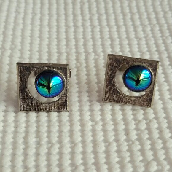 Men's Silver Tone Metal Framed Square iridescent Cabochon Cufflinks - Picture 1 of 4